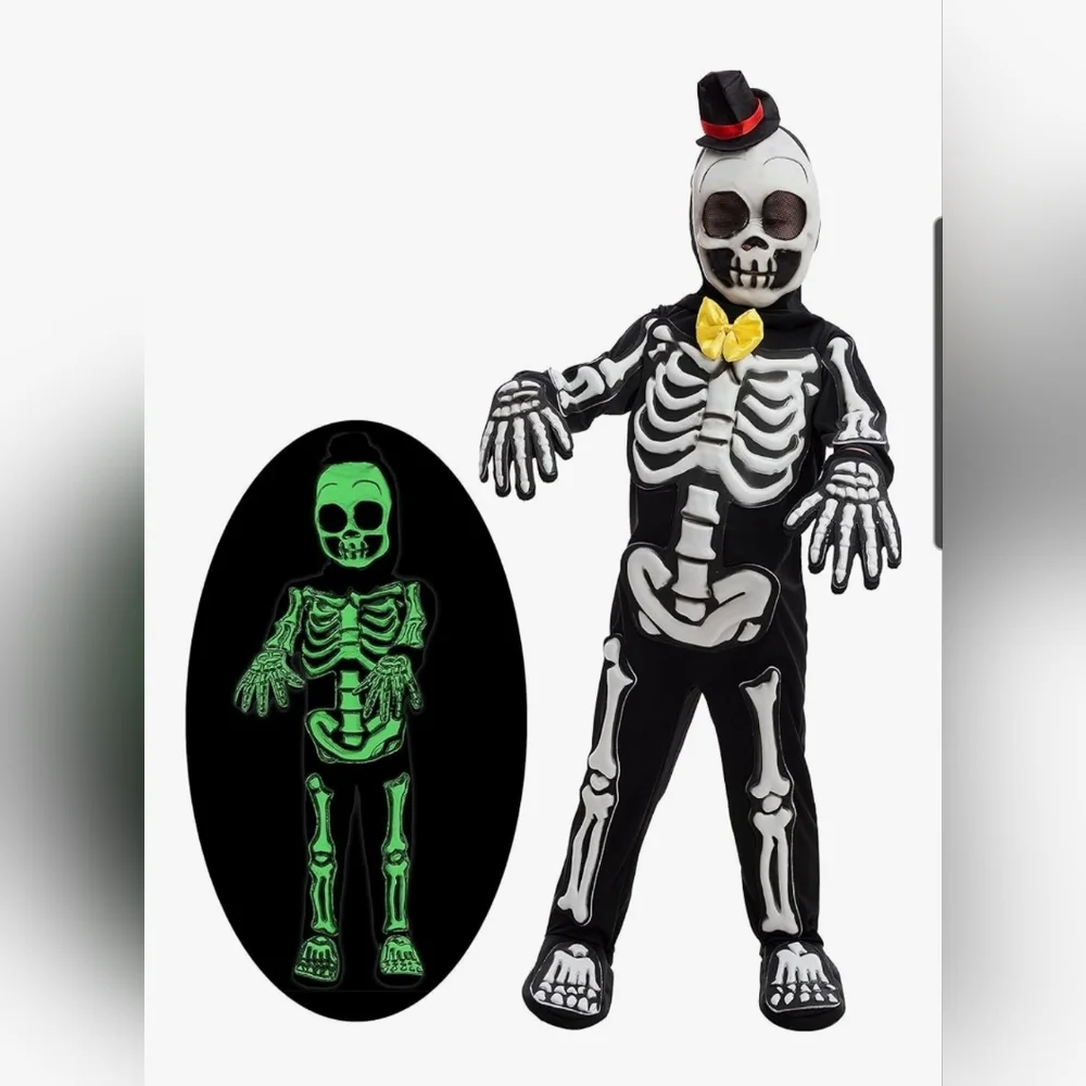Spooky Glow In The Dark Skeleton Kids Costume with Yellow Bow Tie Size Small